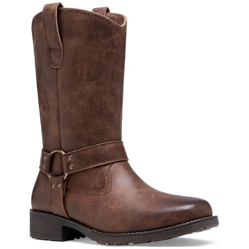 JOUSEN Cowboy Boots for Men Leather Mens Cowboy Boot Motorcycle Western Retro Square Toe Harness Mens Boot 12 Amy8426-brown