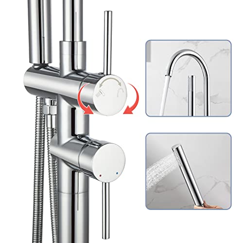 Floor Mount Bathtub Faucet, Freestanding Tub Filler Standing, High Flow Swivel 360° Spout Shower Faucets With Handheld Shower Mixer Taps - Chrome #TOP7