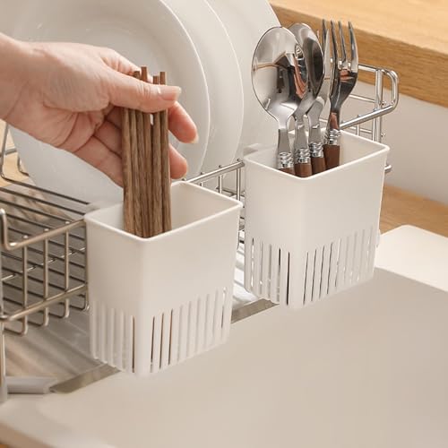 Utensils Holder Cutlery Drying Rack Kitchen Drainer Basket Compact Silverware Storage Drain Basket for Forks Spoons Knives Chopsticks Sink Organizer (White B 2PCS) - Thumbnail 5