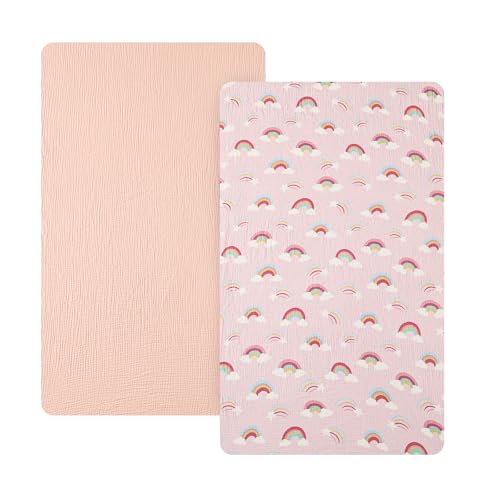 Image of david's kids Muslin Mini Crib Sheets, 2 Pack Cotton Pack N Play Sheets for Girls, Soft Breathable Baby Sheets Fit Pack N Play, Playard and Mini Crib Mattresses, Rainbow