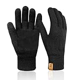 MIG4U Mens Warm Winter Wool Gloves Knit, Thermal Insulated Fleece Lined Glove with Leather Palm, Black-L/XL