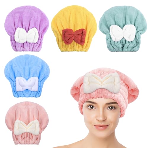 Kldnkig Microfiber Hair Drying Caps 5-Pack Extra Soft and Ultra Absorbent Fast-Drying Hair Turban Wraps Shower Caps for Girls and Women with Cute Bowtie Design11 L x 10 W