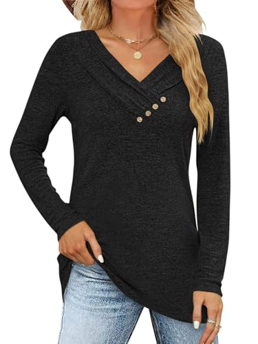 ABYOVRT Camisetas de Manga Larga para Mujer Casual Blusas Suaves y Ligeras Túnicas Tops Cuello en V Sudadera Pullover Tops con Botones,Negro,M