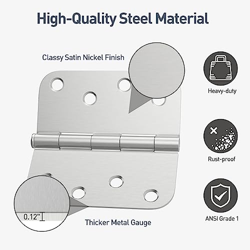 HOSOM 6 Pack Rounded Door Hinges 4 Inch 5/8'' Radius Corner, Satin Nickel Exterior & Interior Door Hinge for Entryway, Patio, Playhouse & More by HOSOM - Image 4