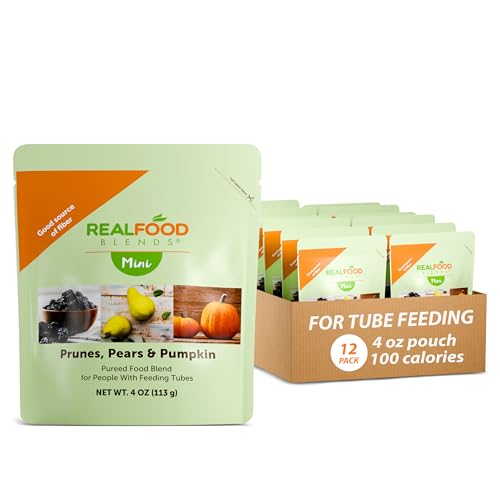 Real Food Blends Mini - Prunes, Pears & Pumpkin - Pureed Blended Snack for Feeding Tubes, 4 Oz Pouch (Pack of 12 Pouches)
