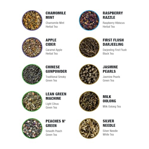 Image of Tiesta Tea - Classic Teas Sampler Dry Flight Set, Loose Leaf, High to No Caffeine, Makes Hot & Iced, Assorted Tea Sets with Herbal, Black, Green, and Fruit Blends, 20 Resealable Sample Pouches