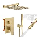 BESy Shower System with 12 Inch Rain Shower Head and Handheld Wall Mounted, High Pressure Rainfall Shower Faucet Fixture Combo Set with 2 in 1 Handheld Showerhead for Bathroom, Brushed Gold