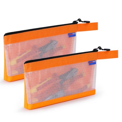 メッシュケース ジッパーポーチ ツールバッグ マチ付 片面透明 工具入れ ファイルバッグ 小型 オックスフォード生地 クリア 見える 耐摩耗 ハンドストラップ 防水 (M・2個入り)
