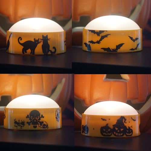 Image of CANDLE CHOICE Halloween LED Pumpkin Lights with Remote Timer Bright Flickering Battery Operated Jack-O-Lantern Electric Flameless Candles with Decals Halloween Decorations Holiday Decor 4 Pack Orange