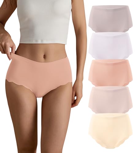 SHARICCA Seamless Knickers for Women Breathable No Show High Waisted Underwear Comfortable Wave Edge Full Coverage Briefs Basic Ladies Panties Multipack(Multicolor-5P03-M)