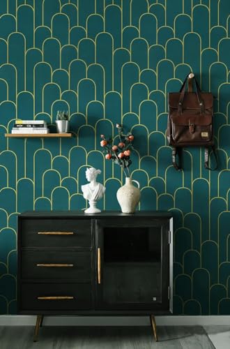 Image of Veki Luxury Floral & Botanical Geometric Wallpaper Mural - Waterproof, Moisture-Proof, Self-Adhesive PVC Wall Sticker for Home & Hotel Decoration (45cm x 300cm) (Green Curve)