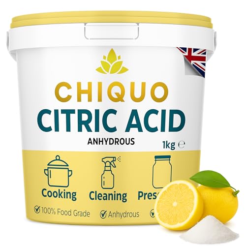 Chiquo Citric Acid 1kg Bucket - Anhydrous & 100% Food Grade - E330 | GMO-Free & Vegan | Natural Descaler & Cleaner | For Cleaning Cooking Bath Bombs & Preserving