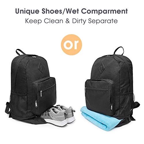 WANDF Foldable Backpack with Shoe Pocket Wet Compartment for Men Women (Black)