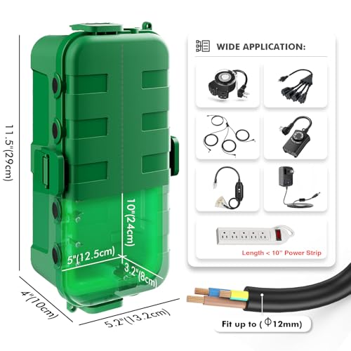 RESTMO Outdoor Electrical Box, IP54 Weatherproof Extension Cord Cover with 6 Cable Entry Ports, Waterproof Connection Box Protect Power Strip, Timer, Plug, Holiday Lights, (11.5x5.2x4 inch), Green by Restmo - Image 3
