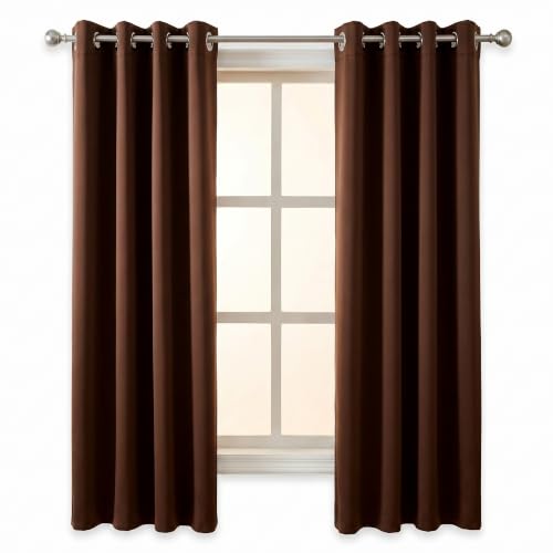100% Blackout Window Curtains, 5 Feet, Solid Design, Faux Silk, Thermal Insulated, Noise Reducing Eyelet Door Curtain with Tie Back for Living Room & Bedroom, 115x150cm, Pack of 2 - Coffee