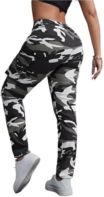 Women's Camo Print Cargo Jeans with Side Flap Pockets - High Stretch Relaxed Fit Streetwear Denim Pants