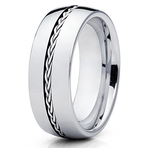 Silly Kings 8mm Silver Braided Braid Tungsten Carbide Wedding Band Mens Comfort Fit Ring