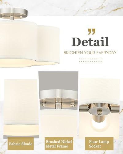 Image of Semi Flush Mount 4-Light 14Inch Ceiling Lights with Fabric Shade in Quatrefoil Shape, Brushed Nickel for Nursery, Hallway, Bedroom, Kitchen - AD-22007-4SF-SN