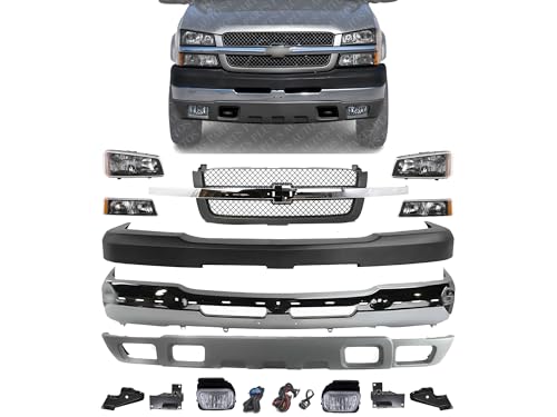 AUTOS PARTS PLUS Front Bumper Chrome + Grille + Upper Cover + Lower Valance Textured + Brackets + Headlights + Fog lamps LH & RH Direct Replacement For 2003-2006 Chevrolet Silverado 2500HD 3500