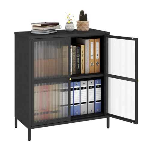 Metal Storage Cabinet with 2 Glass Door, Steel Locker Sideboard B...