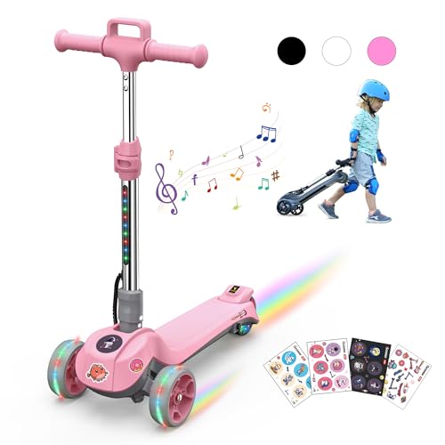 iScooter Patinete Electrico Niño, Patinete Niño de 3 Ruedas con Asa, 3 Alturas Ajustables, Acelerador de Dedo, Altavoz Bluetooth, Luz LED Arcoíris, Motor de 70W, Plegable, Regalo para Niños 3-12 Años