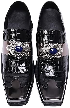 Santimon Mens Croc Dress Loafers Metal-Strapped Genuine Leather Sapphire Decor Hard Square Tip Business Evening Party Wedding Shoes Black 11.5 US | Image 7