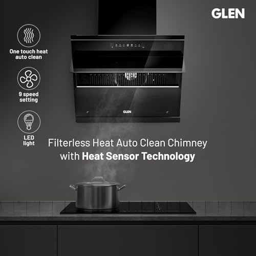 Image of Glen Chimney Auto Clean Vertical Glass Chimney for Kitchen Filter-less with Heat Sensor, BLDC Motor 1600 m /h - 90cm (CH 6073 HSR DC AC)