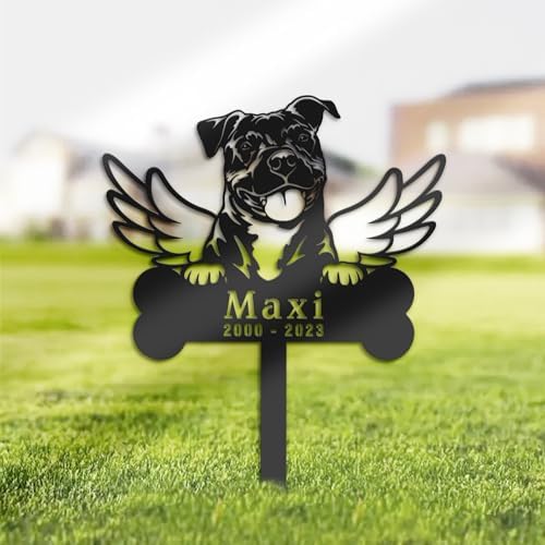 Personalized American Pit Bull Dog Memorial Stake, Metal Garden Stake, Pit Bull Grave Marker with Wings, Pit Bull Remembrance Stake, Family Pet Memorial Plaque Burial Stake, Dog Headstone