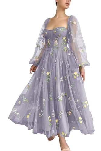 Fivsole Women's Puffy Long Sleeve Prom Dress Short Flower Embroidery Lace Tea-Length Formal Tulle Evening Party Gowns