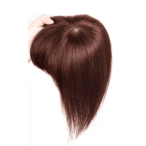 100% Human Hair Toupee Clip in Human Hair Pieces With Bangs Silk Base Crown Top Toppers Fringe for Loss Thinning Hair Replacement Extentions for Straight Hair (5.1â€œby5.1â€12inch, Yellowish Brown)