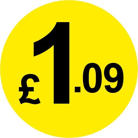 Permanent Adhesive - Black & Yellow 30mm Price Stickers/Labels from 10p to £5.25, 1000, £1.09 — image 1