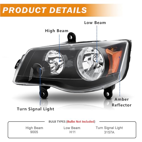 Black Headlights Assembly fit for 2011-2020 Dodge Grand Caravan,2008-2016 Chrysler Town & Country Headlamp Driver and Passenger Side by corkiauto - Image 3