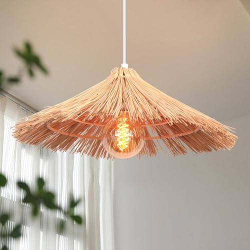 LIGINOK Lámpara de Techo Colgante Bambú Natural Lámparas Colgantes Retro E27 Boho Plafón de Techo Creativa Paja Luz de Araña Decorativa para Comedor,Cocina,Salon,Cafetería,A