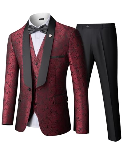 MY'S Men's Floral Tuxedo, 3 Piece Slim Fit Jacquard Suit, Jacket Vest and Pants Shawl Lapel with Bow Tie for Wedding Prom
