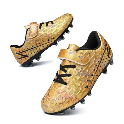 Hanani Kids Soccer Cleats for Boys Girls Cleat Shoes Training Youth Football Outdoor/Indoor Athletic Turf Shoe Gold