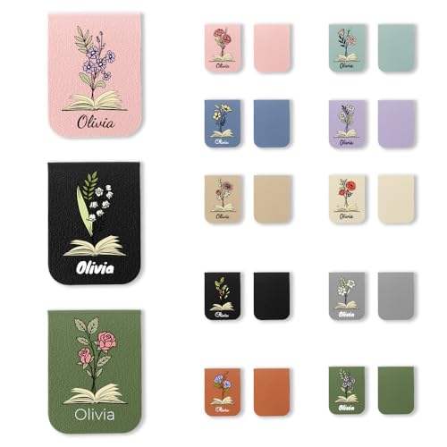 FIDWALL Set di 3 Segnalibri Magnetici Personalizzati – Segnalibro Magnetico in Pelle PU con Nome e Fiore del Mese – Segnalibri Personalizzati Ideali per Lettori, Studenti e Amanti dei Libri