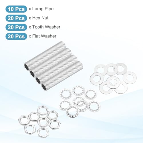 Image of MECCANIXITY 70Pcs 2 inch Lamp Pipe Nipples Kit with Hex Nuts Washers, M10 Fine Threaded Hollow Tube Repair Hardware Fasteners Assortment for Assembly Chandelier Ceiling Lamp DIY, Silver