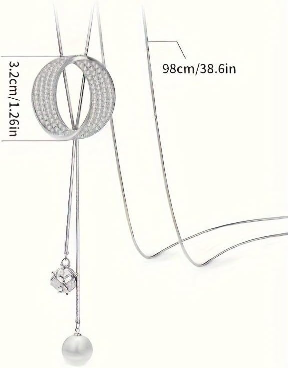 Vintage Statement Rhinestone Circle Pearl Drop Lariat Long Sweater Necklace For Women Alloy Faux Pearl Y Shape Adjustable Gold Silver Two Colors - Image 2