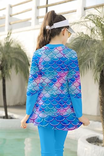 Image of Girls Long Sleeve Rashguard Half Zip Swimsuits UPF 50+ Two Piece Swim Sets with Hairband 5-12Y | Two Piece Swim Sets with Hairband
