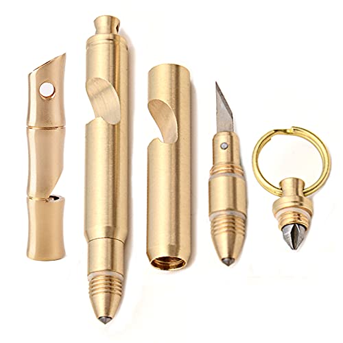 DIAFLY 6 Functions Self Defense Keychain Set-5 in 1 Multitool and Safety Whistle-Bottle Opener with Mini Box Cutter Screwdriver-Window Glass Breaker-Survival Whistle-Made by Solid Brass, Gold, Small
