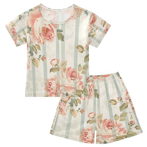 Flowers Striped Background Kids Pjs Set Boys Girls Summer Short-Sleeve Sleepwear Pajamas 2PCS