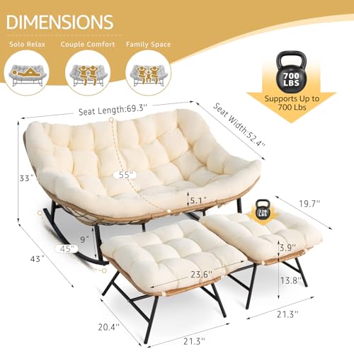 Image of NICESOUL Oversized Double Rocking Papasan Chair with Cushion, 2 Person Big Wicker Outdoor Comfy Recliner, Large Heavy Duty Loveseat for Patio, Balcony, Backyard