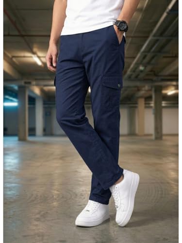 Image of Men's Cargo Trousers-100% Premium Cotton Regular Fit Lightweight Breathable Elastic Waist Multi-Pocket Casual Utility Pants