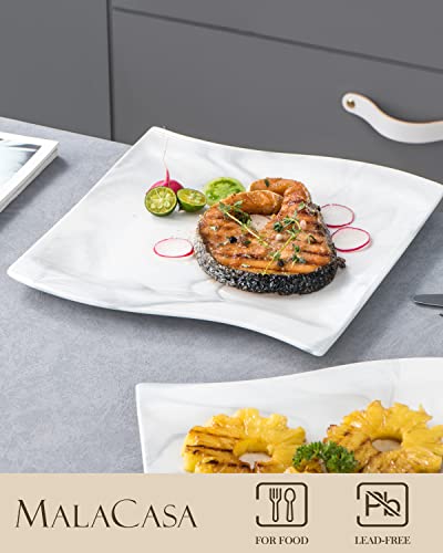 Malacasa Square Dinner Plates Bundle With Coffee Mugs Set Of 6, Modern Porcelain Serving Plate And Coffee Cups Marble Grey, Dishwasher Safe, Series Flora #TOP3