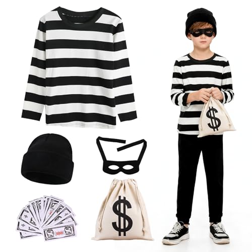 Xerteam Costume de voleur de banque pour enfant - Avec haut rayé, bonnet en tricot, masque, sac à monnaie, billets de banque - Costume de carnaval pour cosplay, Halloween, carnaval (7-8 ans)