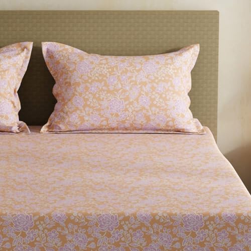 Image of Layers 100% Cotton Bedsheet for Double Size Bed | Lumina Floret Collection | 144 TC Soft & Breathable | Floral with 2 Pillow Covers | Wrinkle Free & Colorfast | 3 Pc Bedding Set - Purple & Orange
