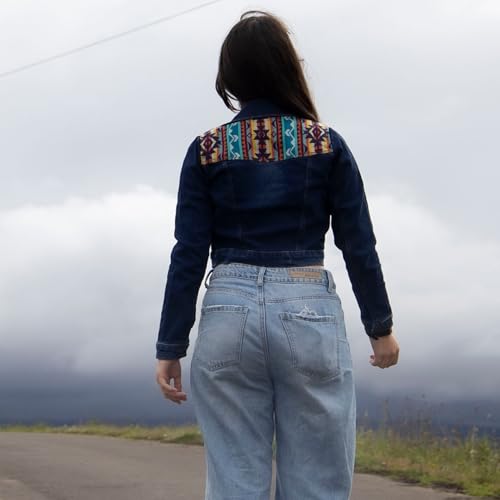 Tommy Lion Cropped Denim Jacket one size S/M, Aztec Merino Wool Fabric Yoke, Dark Blue3