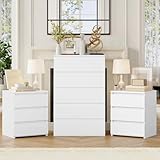 FOTOSOK 5 Drawer Dresser and Nightstand Sets for Bedroom, 3 Piece Bedroom Set, Night Stand Set of 2 & White Dresser Set, Chest of Drawers Storage Cabinet Set, White