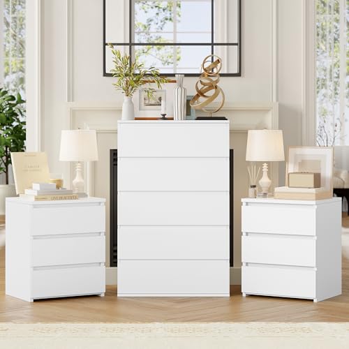 FOTOSOK Bedroom Set, 5 Drawer Dresser and Nightstand Sets for