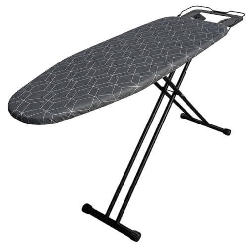 Ironing Board with Iron Rest - 45 x 13 Inch Adjustable Height Steel Mesh Board - Foldable Laundry Room Station with 2-Layer Padded Gray Hexagon Cotton Cover